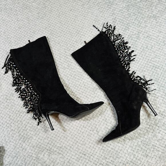 Amazing Vintage Y2K Sequin Fringe Tassel Suede Pump Pointed Toe Calf Boot Heel - Picture 1 of 9
